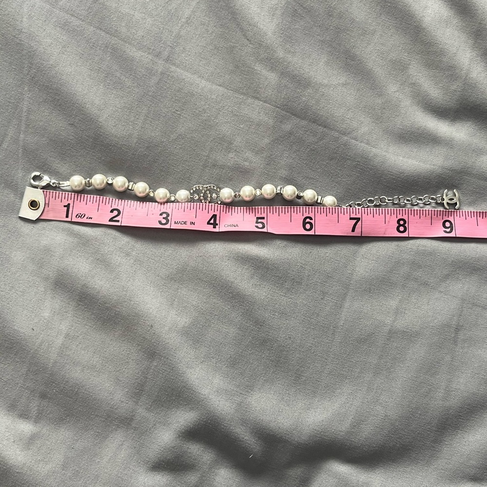 Chanel CC Crystal Pearl Bracelet Stainless Steel Faux Pearl Adjustable 6.5-9” - Picture 16 of 16